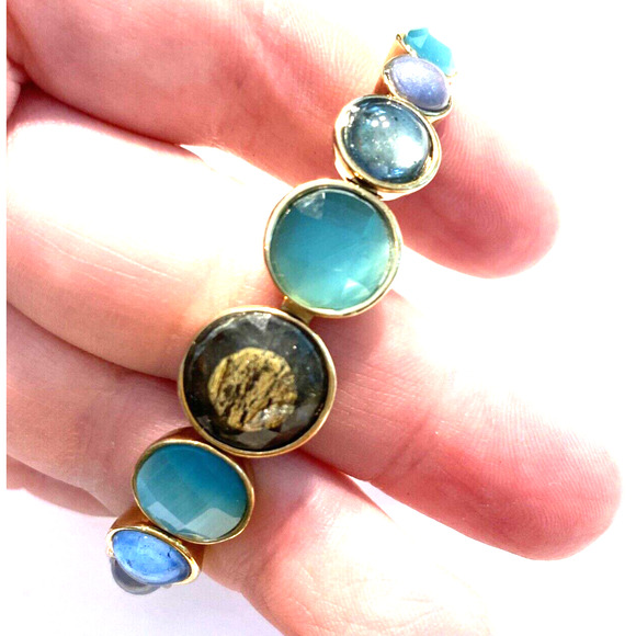 Cuff Bracelet Blue Brown Stones Gold Graduated OS Mod Boho Festival Fashion - Picture 2 of 9